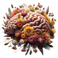 An animated brain with multiple flowers in yellow, orange and magenta growing out of it. EMDR online/virtual and in-person therapy based in Tasmania Australia to help you integrate past trauma and reignite your spark of joy